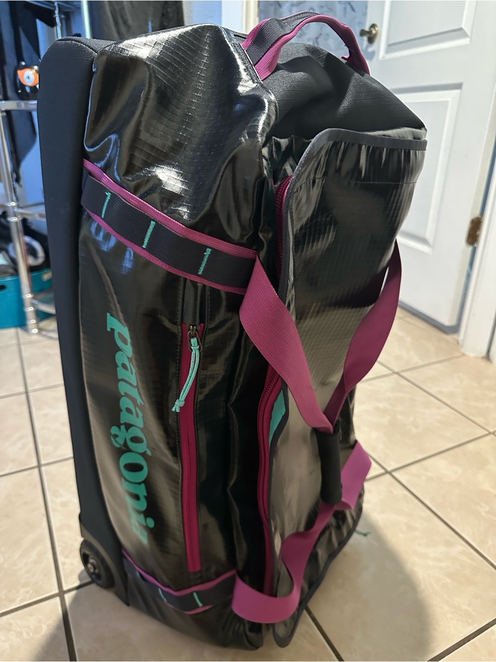 Patagonia Black Travel Duffel with Teal Logo and Pink Zipper